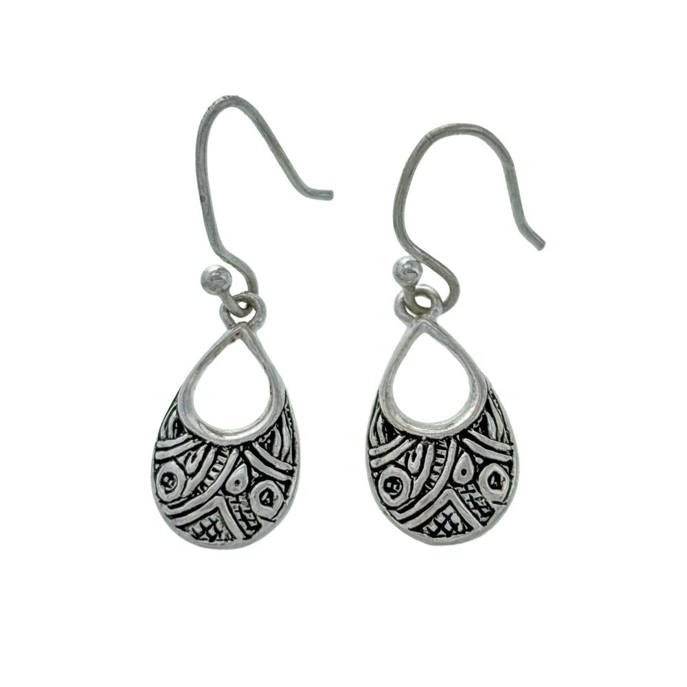Estate Sterling Silver 925 Oxidized Pattern Teardrop Dangle Earring